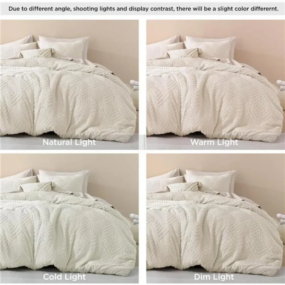 King Size Comforter Set Beige, 3 Pieces Cream Tufted Boho Farmhouse